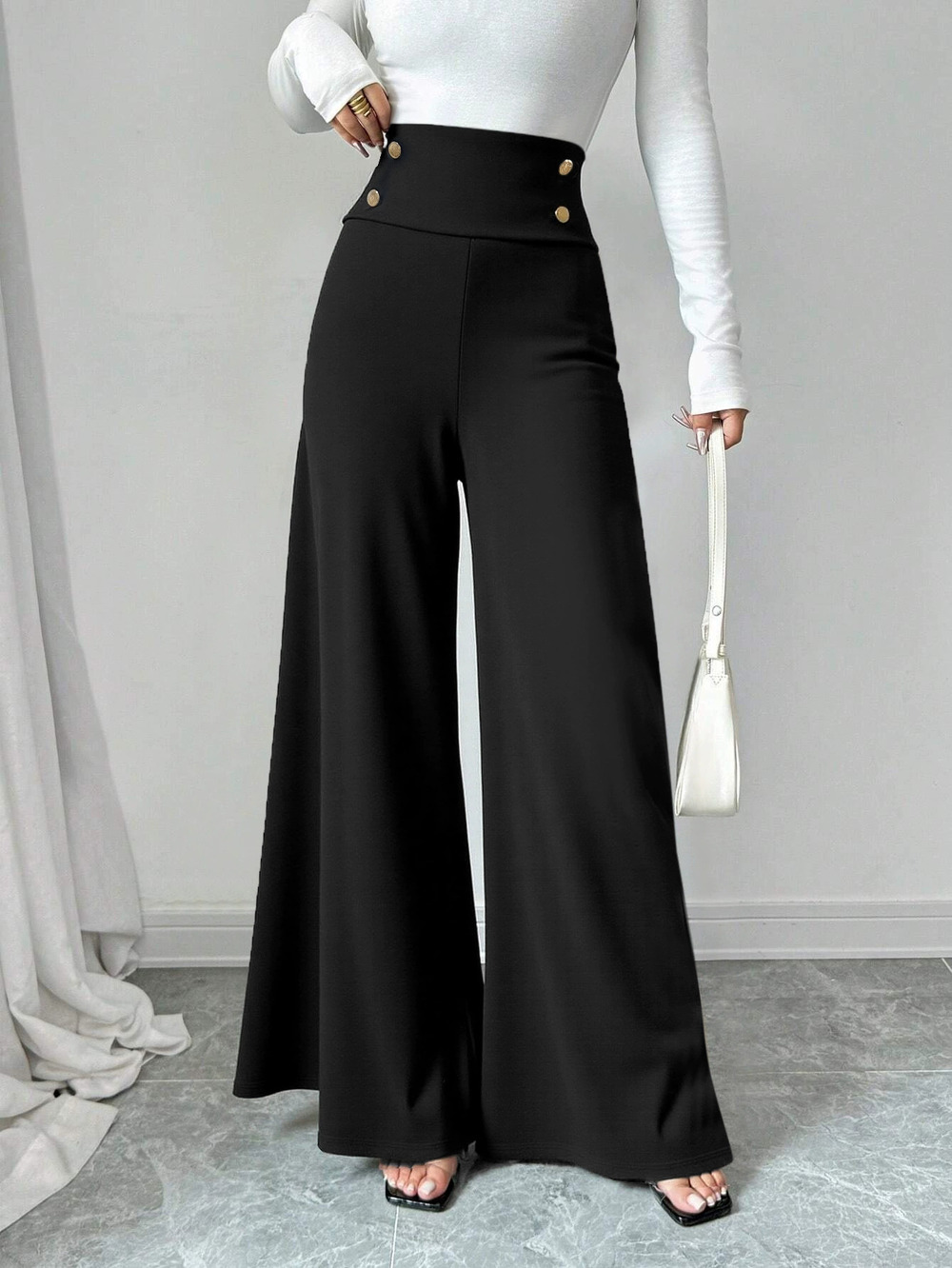 ZARA High Waist Wide Leg Office Pants Slim Flowy Floor Length Metal Button